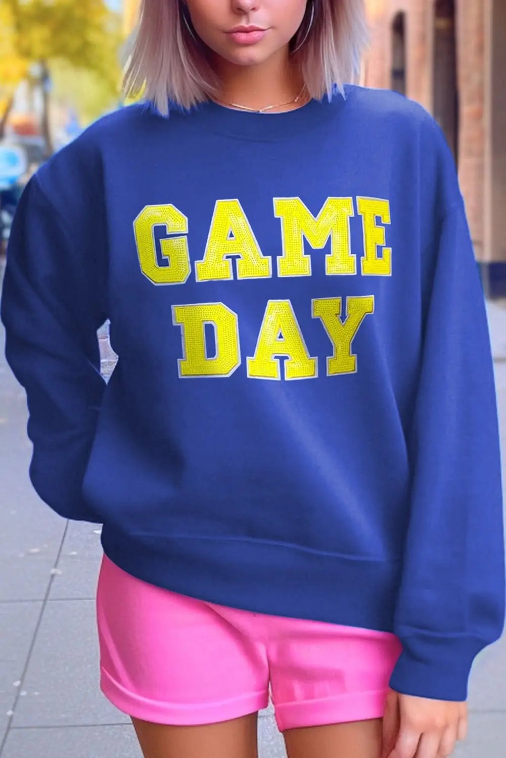 Dark Blue Game Day Crew Neck Graphic Pullover Sweatshirt - Love Salve
